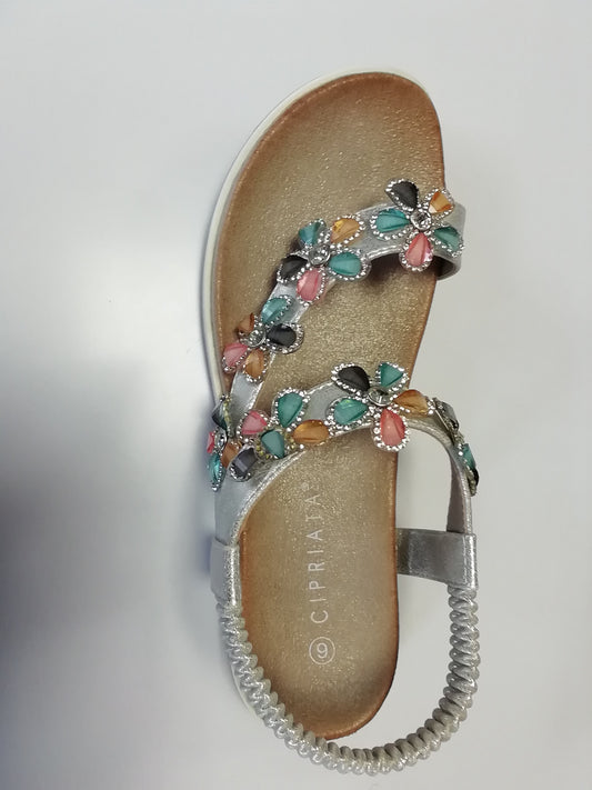 Ladies Silver Shimmer Diamante Toe Post Sandal