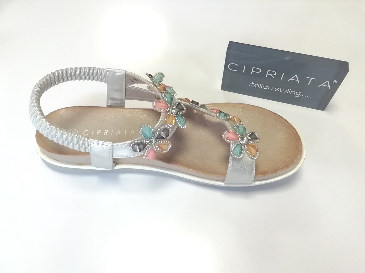 Ladies Silver Shimmer Diamante Toe Post Sandal